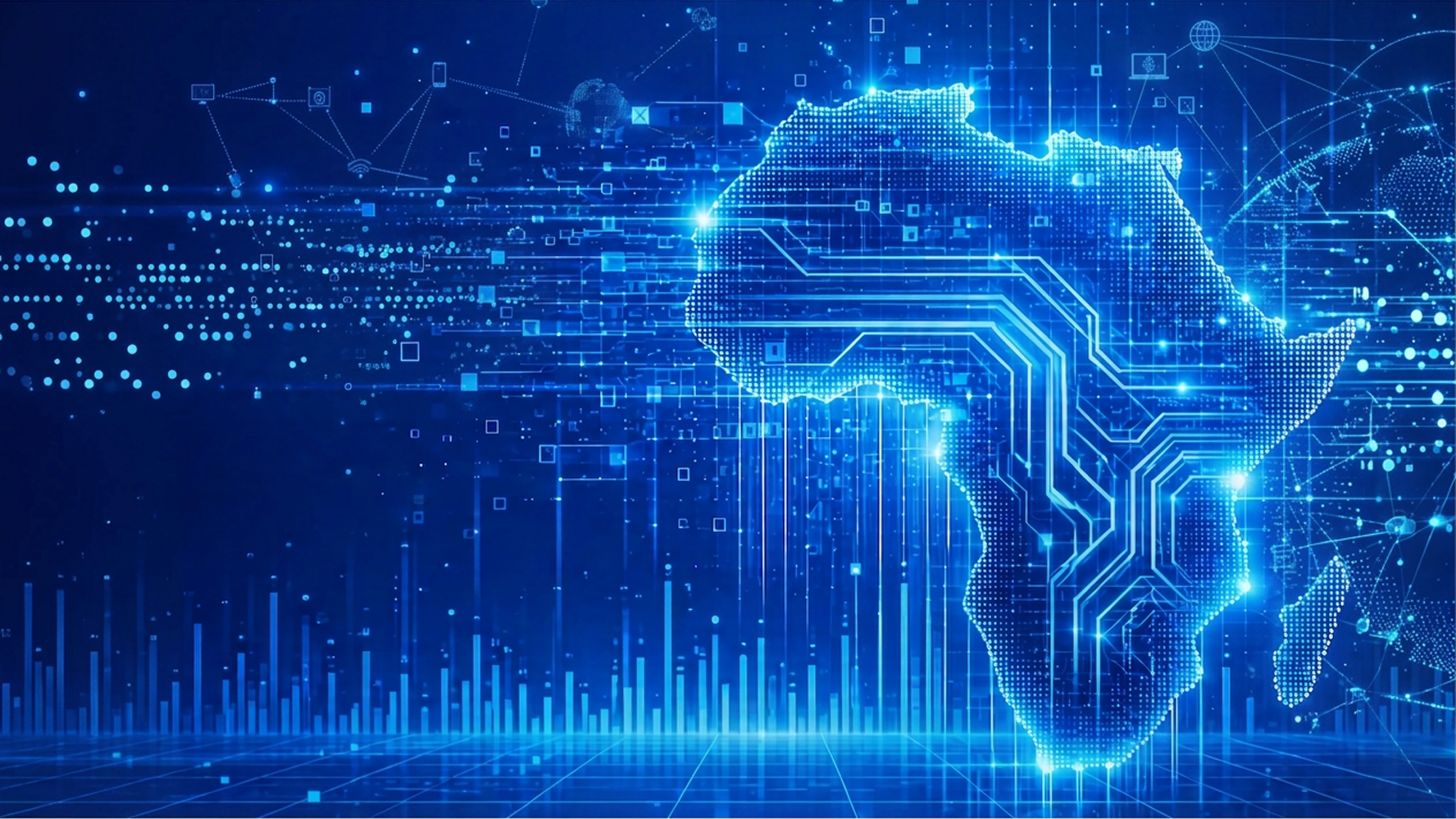 Digital version of the african continent glowing data networks, representing connectedness across Africa.